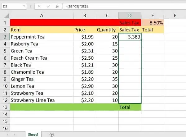 Printscreen of absolute reference in Excel example - formula copy