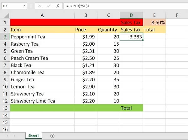 Printscreen of absolute reference in Excel example - formula output