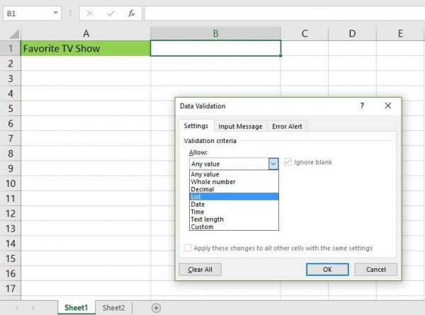 Printscreen of drop down list in Excel - choose the list option