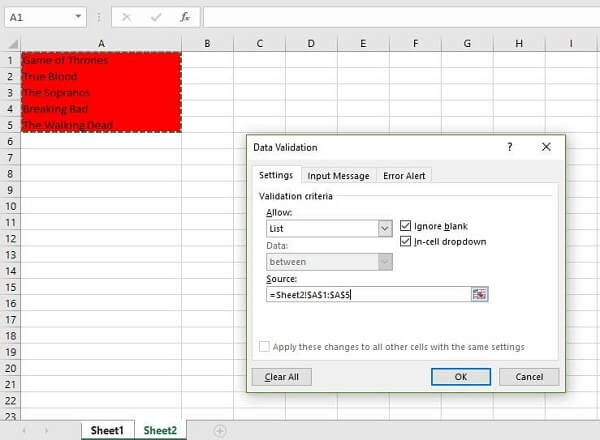 Printscreen of drop down list in Excel - choose the variables for your list from sheet teo