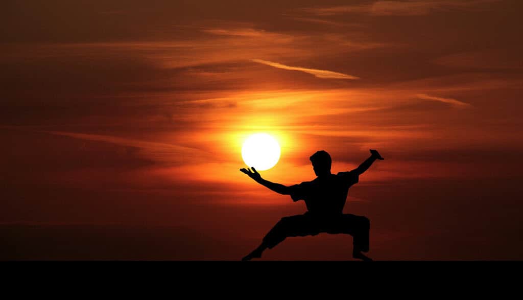 Man Doing karate under sunrise